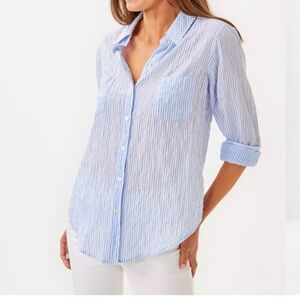 Lilly Pulitzer Cotton Sea View Button Down Shirt in Blue Oxford Stripe, size M